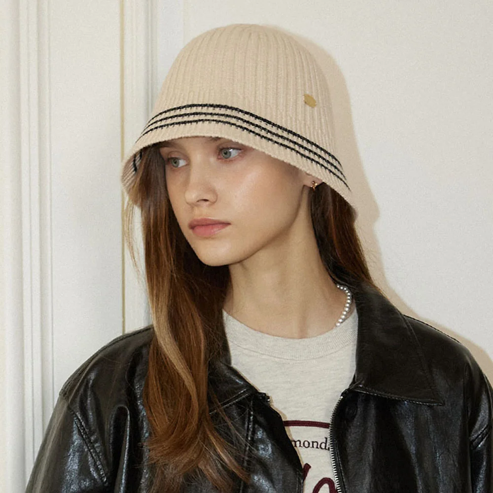 Three Stripe Knit Bucket Hat - Light Beige