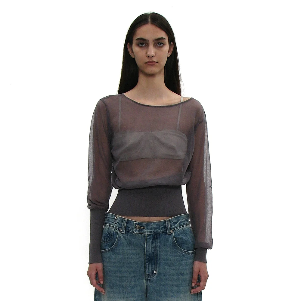 UNBALANCED SHEER KNIT TOP_CHARCOAL