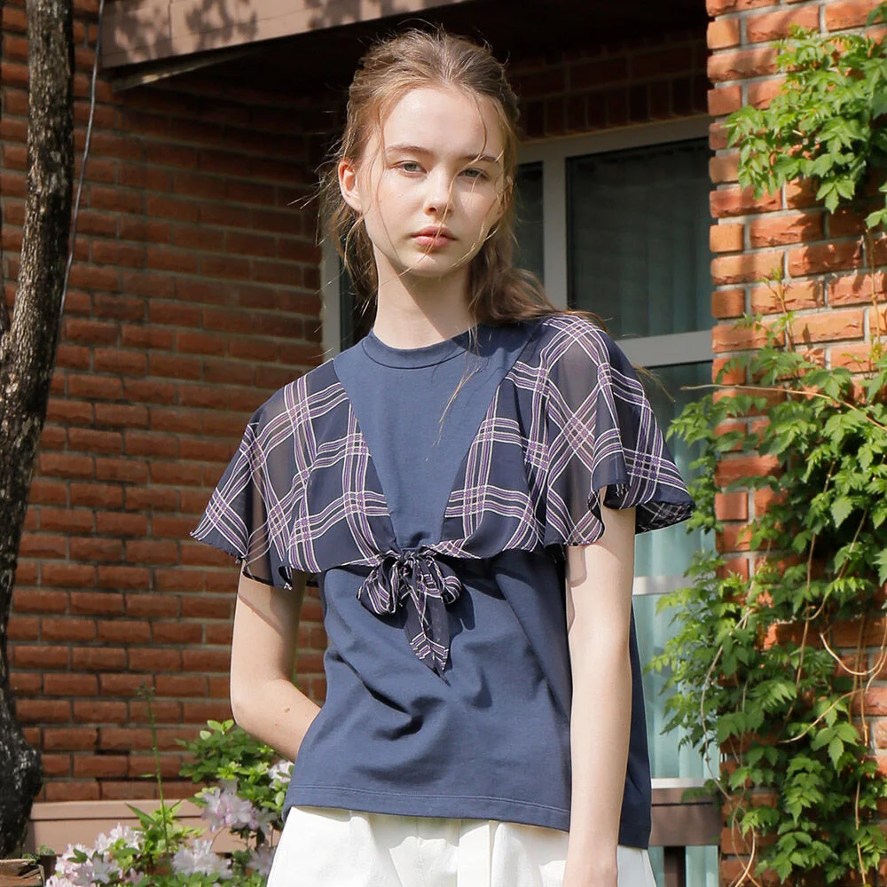 CHECK CHIFFON CAPE T-SHIRT_NAVY