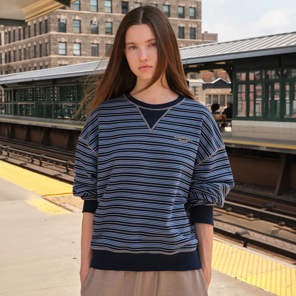 New Small Wave Logo Stripe Sweatshirt - Vintage Blue