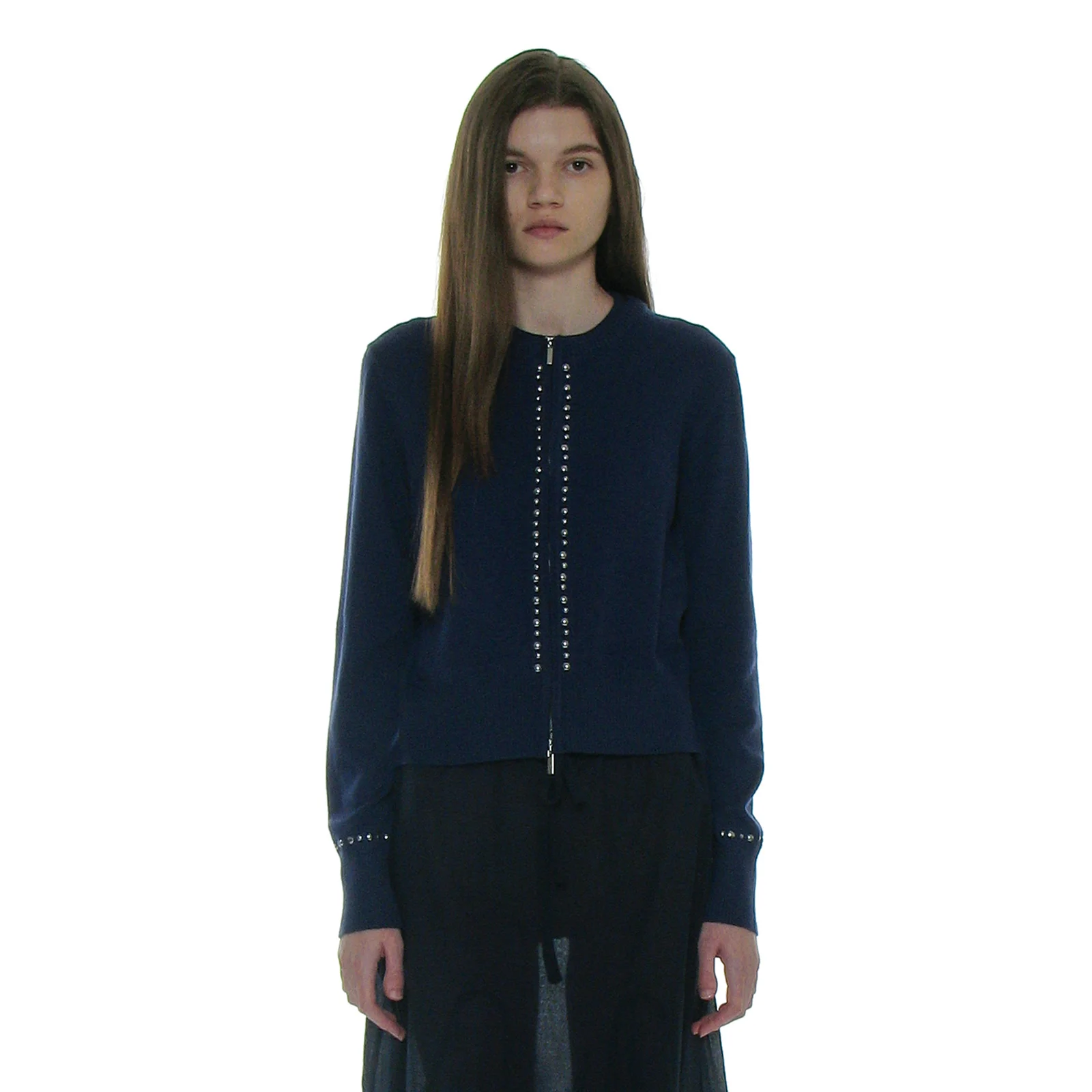 STUDDED ZIP-UP KNIT CARDIGAN_NAVY