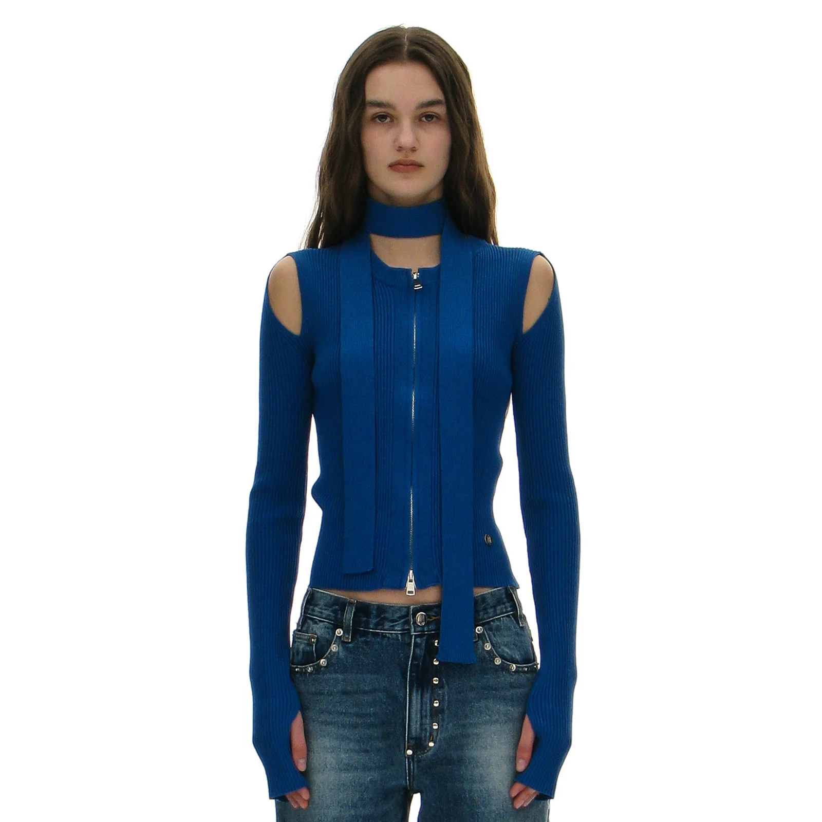 CUT-OUT TIENECK KNIT ZIP-UP CARDIGAN_BLUE