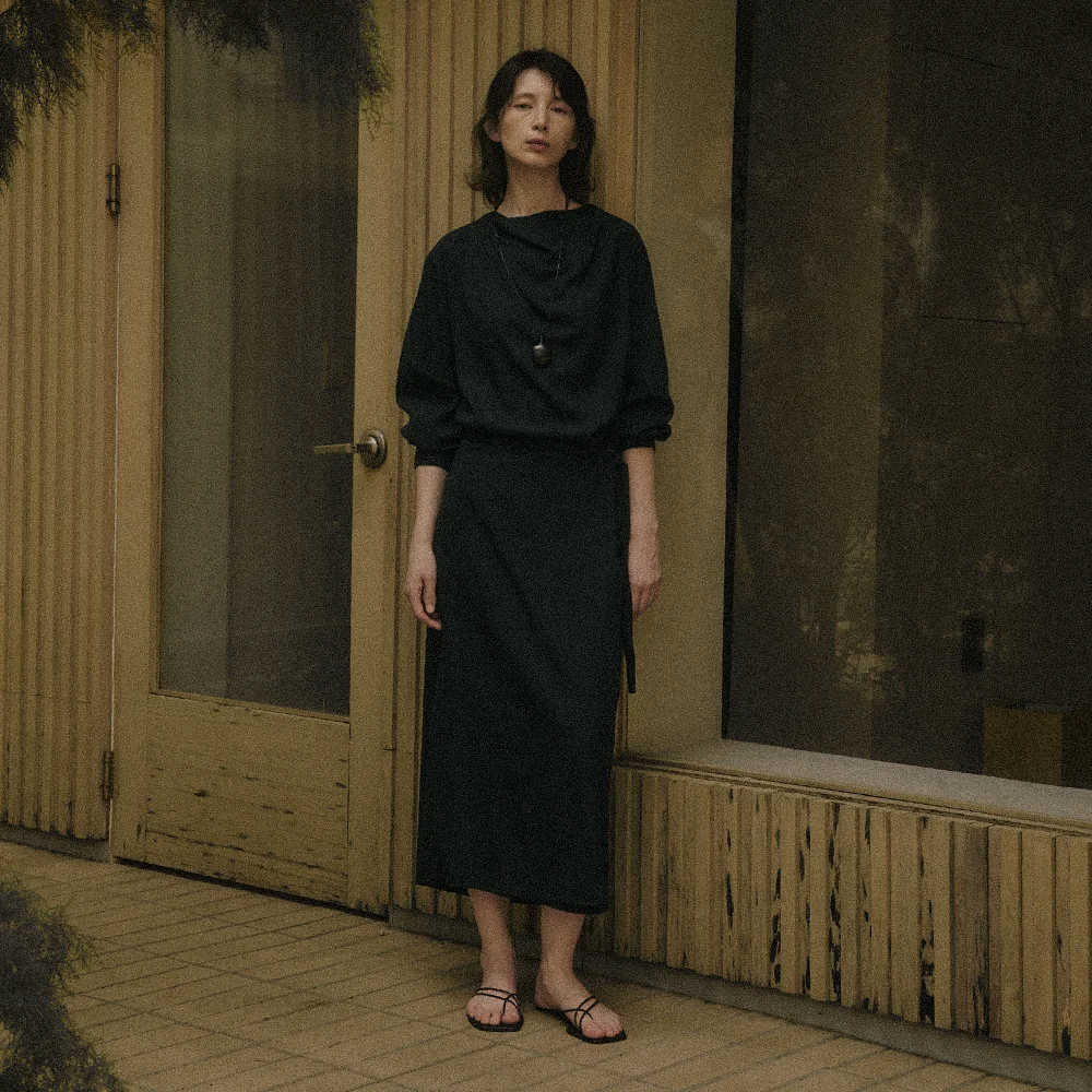 RIVEL COWL-NECK WRAP LONG DRESS_NAVY