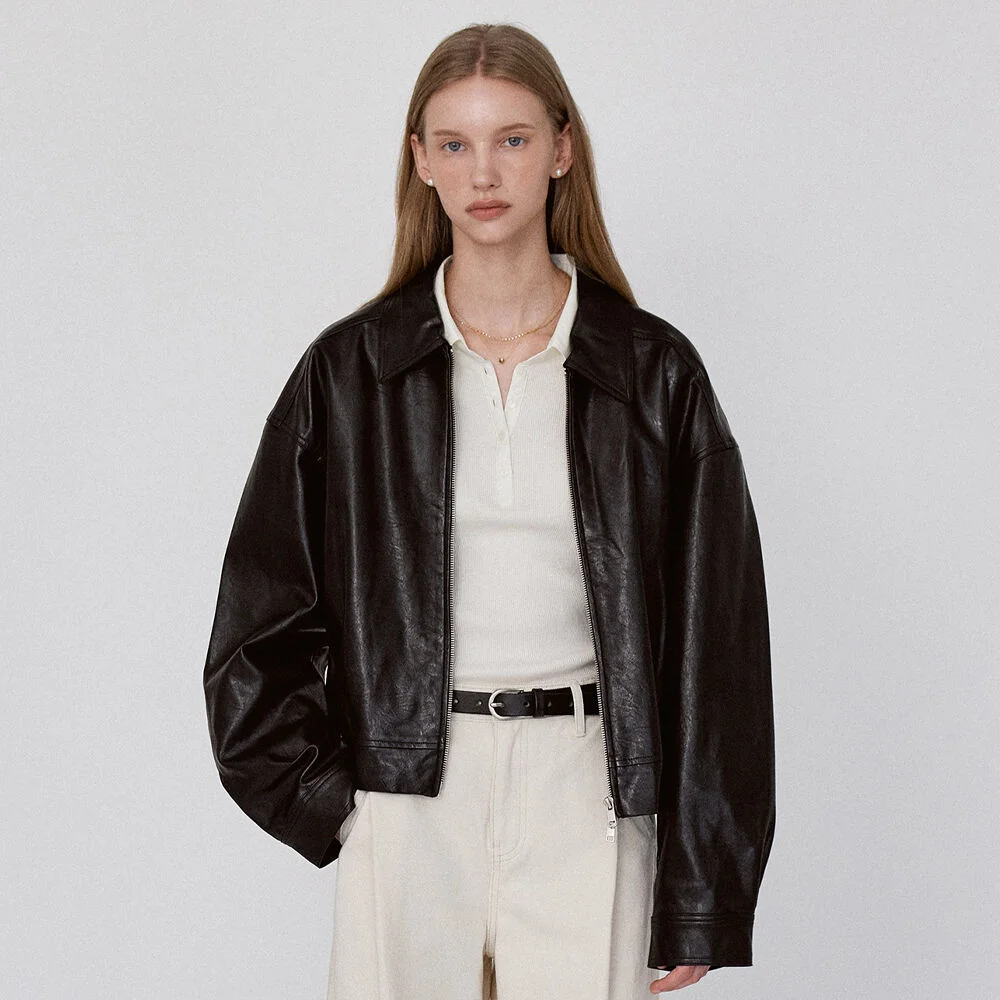 2Way Leather Crop Jacket - Black