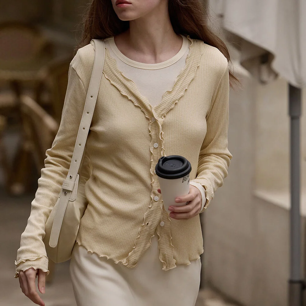 Trimming ribbed cardigan - Beige