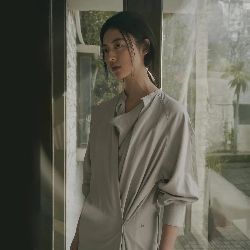 ESTEL DRAPED LONG DRESS_GRAYISH BEIGE
