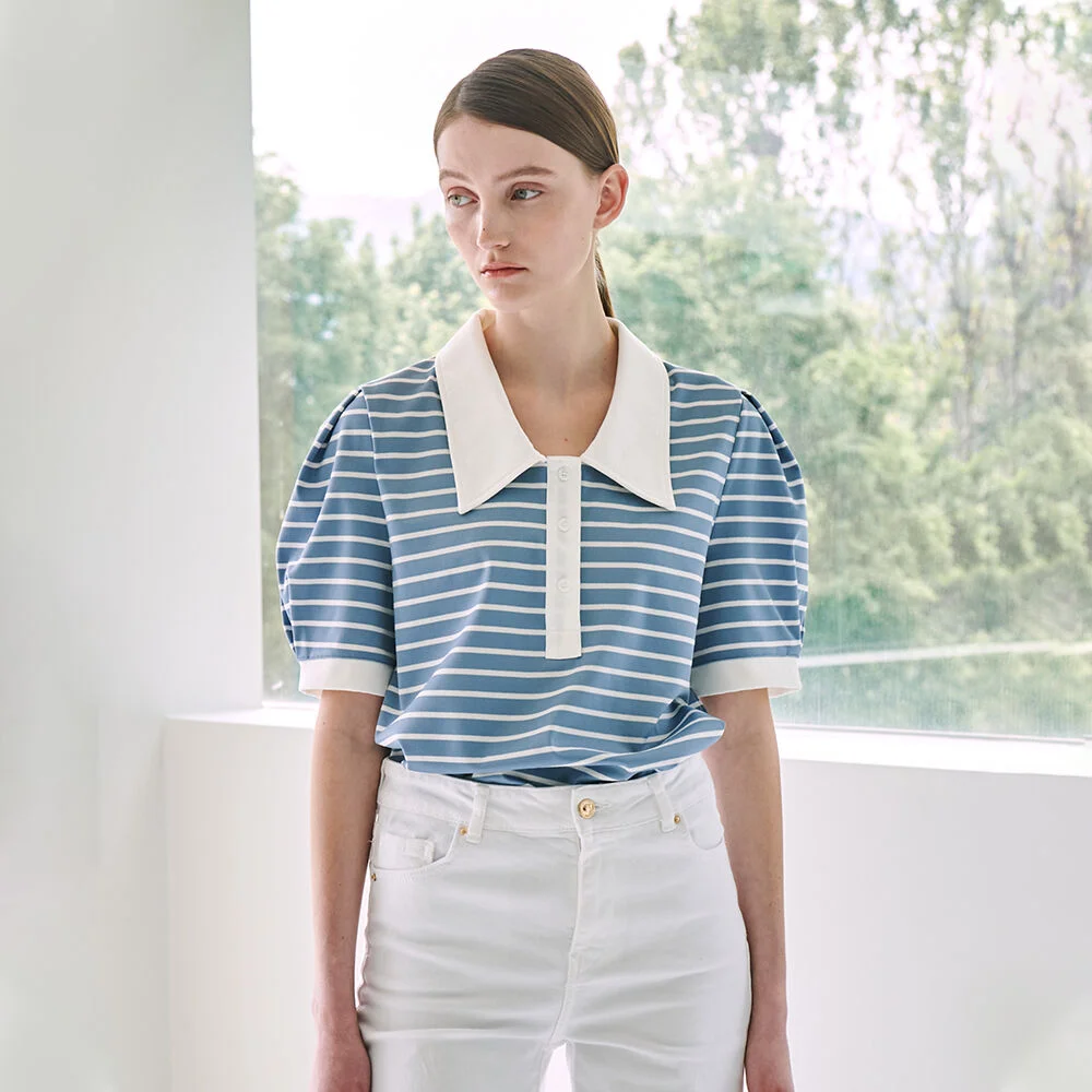 Stripe Puff Collar T-Shirt - Sky Blue