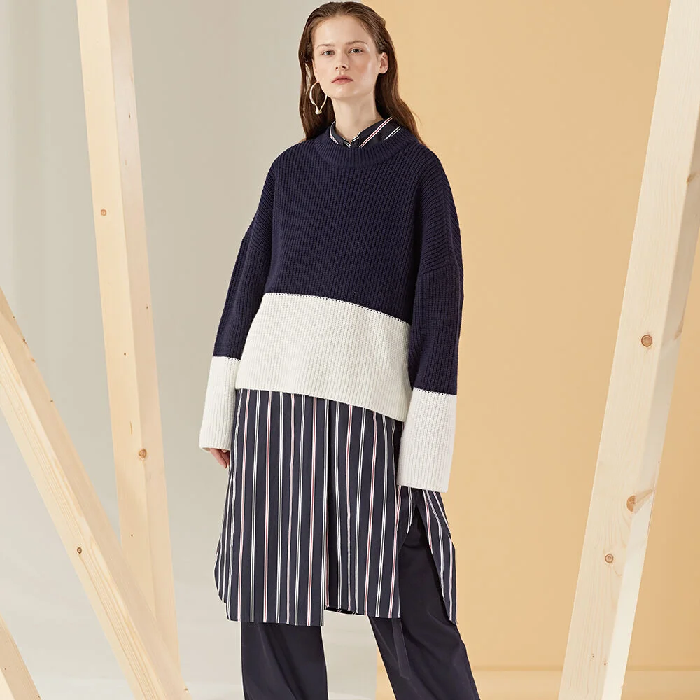 Color Block Wool Knit Top_Navy