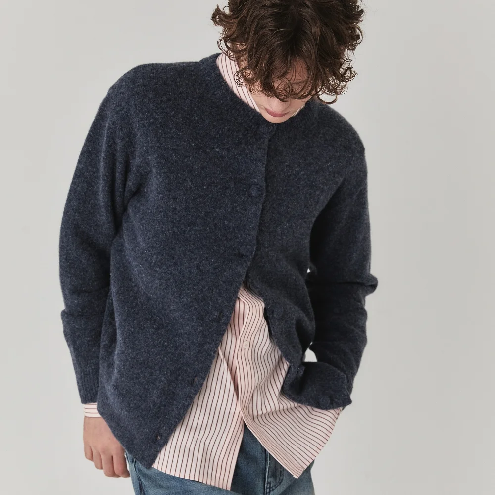Brushed Wool Round Neck Cardigan_Ash Blue