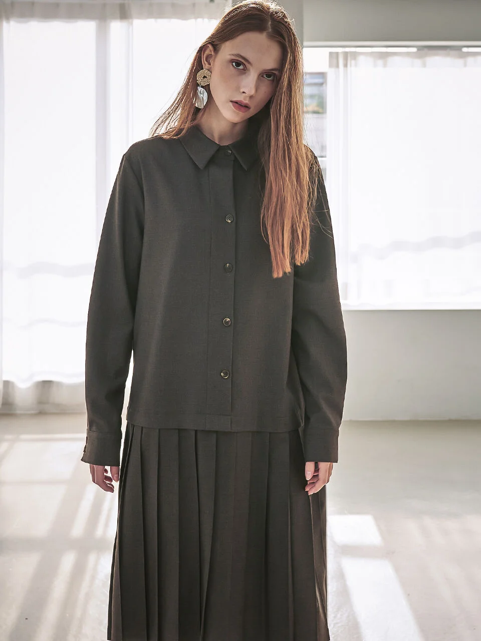 Gaia Pleats Shirt One-Piece_Coffee