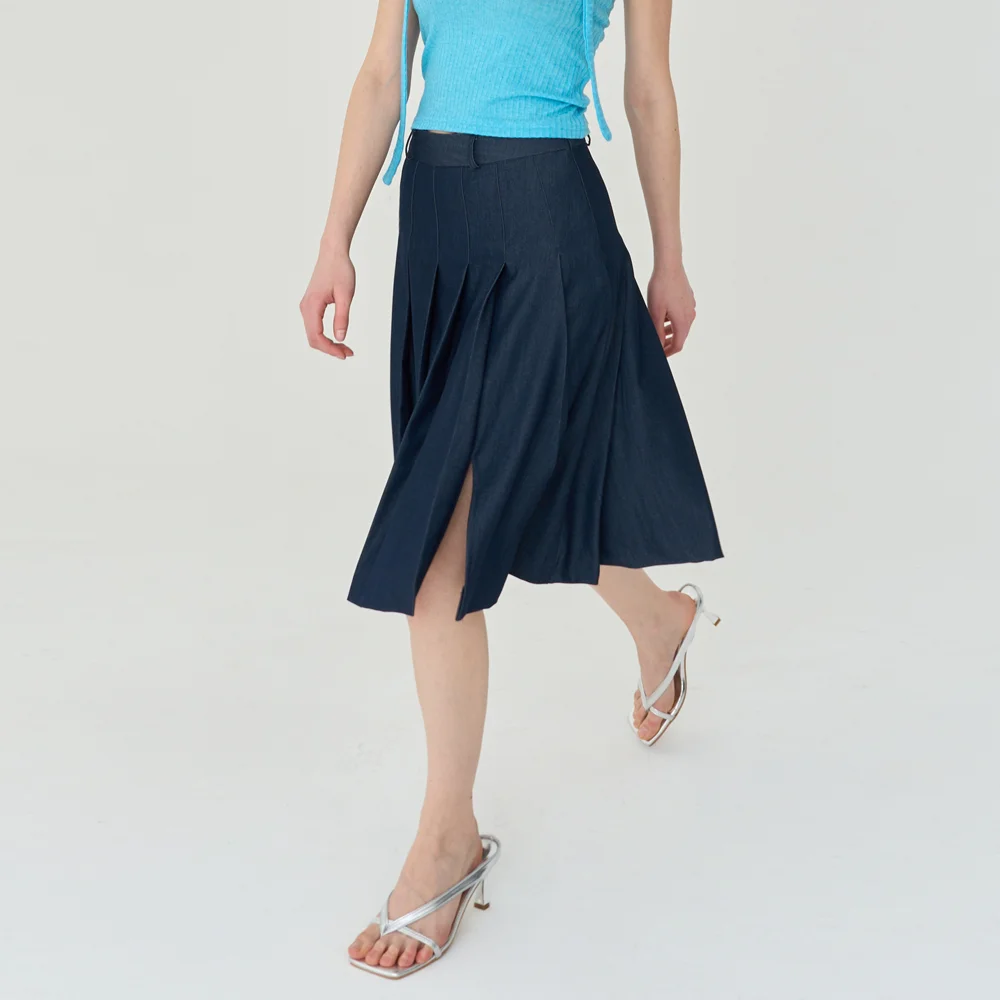 Slit Pleats Midi Skirt (Navy)