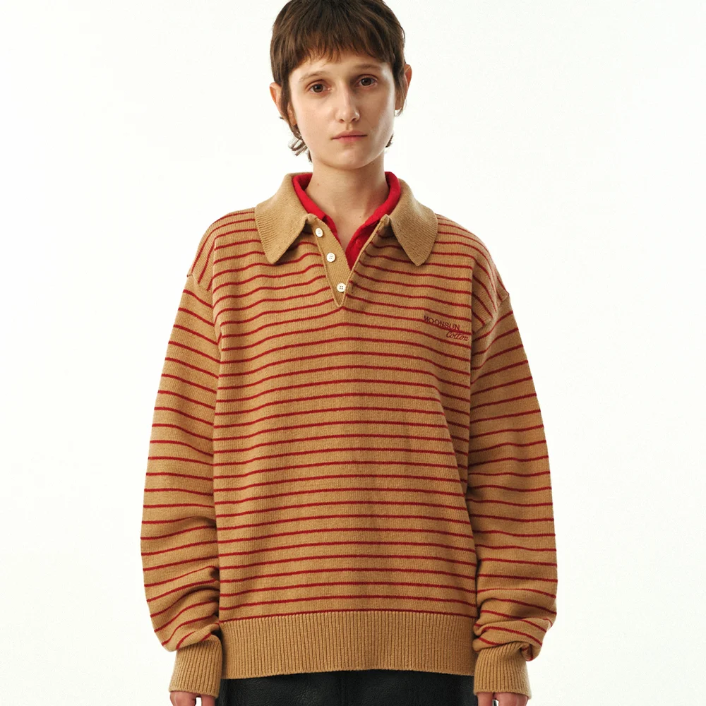 02 M.C UNISEX, Stripe Wool Collar Knit / Beige