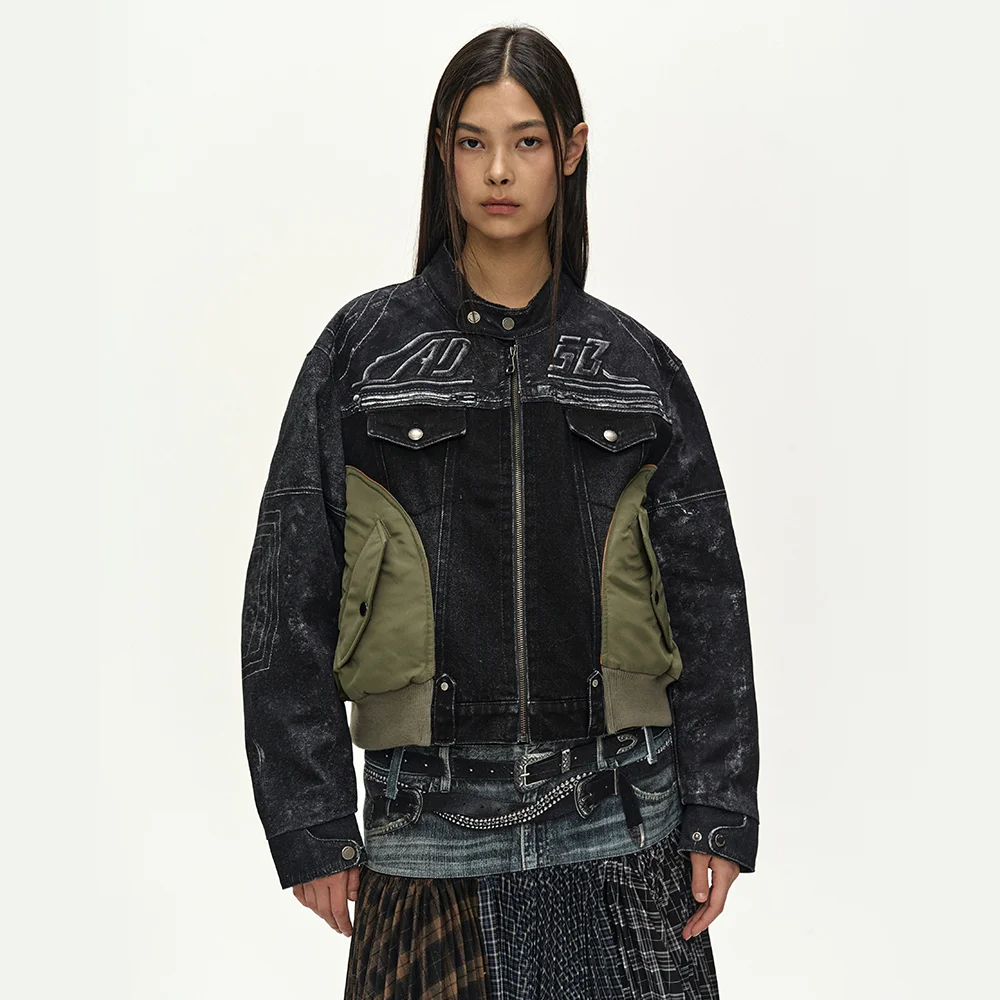 NYLON PATCH RACING DENIM COMBO JACKET (BLACK)