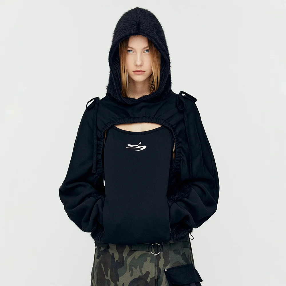 (ESSENTIAL) CUT OUT SHIRRING HOODIE atb1193w(BLACK)