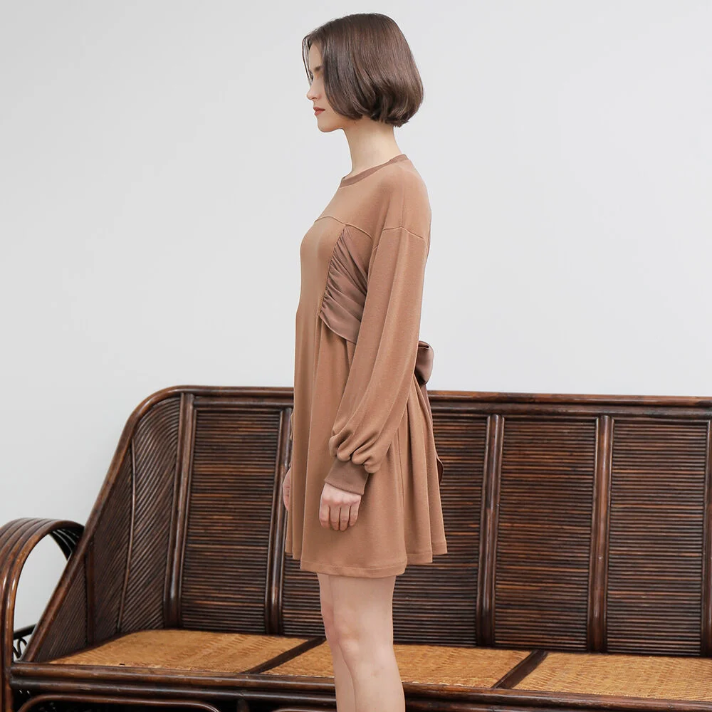SHIRRING RIBBON ONE-PIECE_BROWN