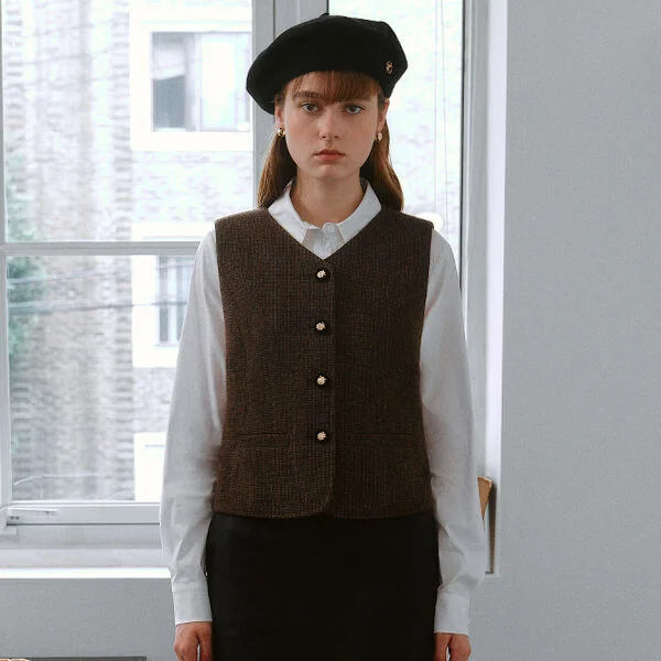 CHECK SINGLE VEST BROWN
