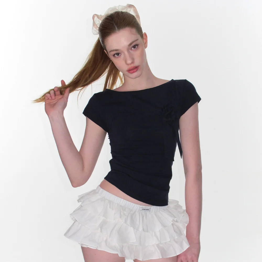 ROSETTE SHIRRING TOP_NAVY