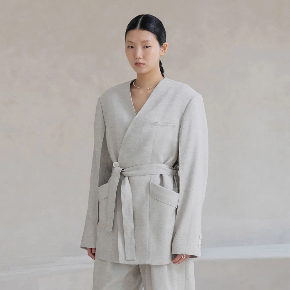 BOW NON COLLAR JACKET / OATMEAL
