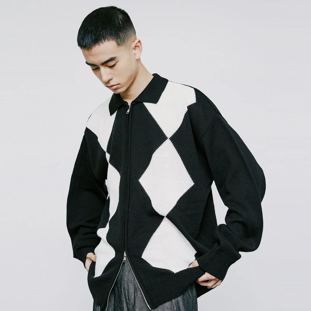 菱格紋 2Way 拉鏈 Polo 開襟外套 黑色