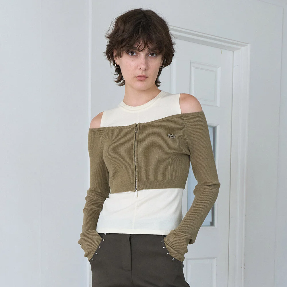 Zipper Shoulder Cut-out Knit VK5AP182_2color