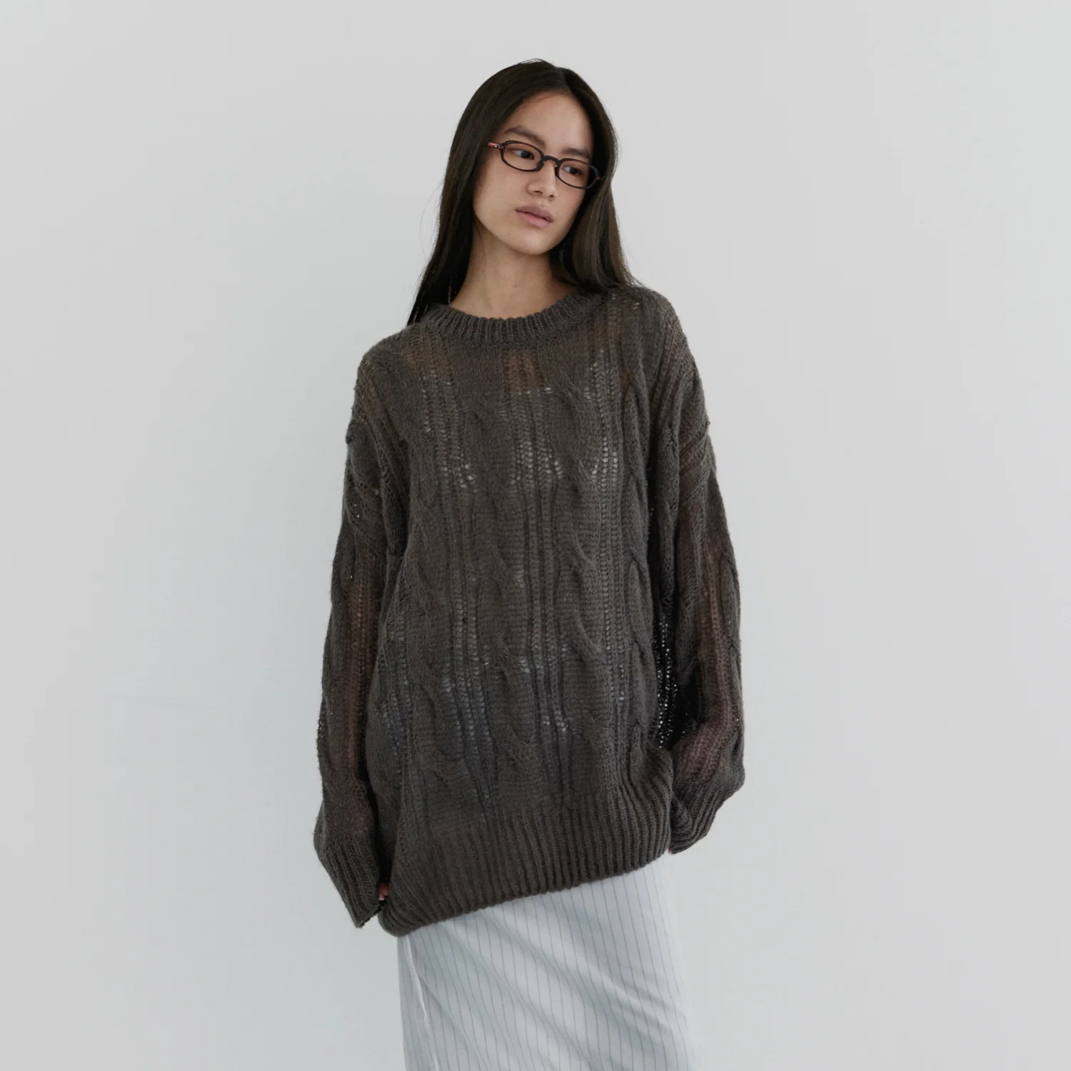 SHEER ROUND OVER KNIT_BROWN