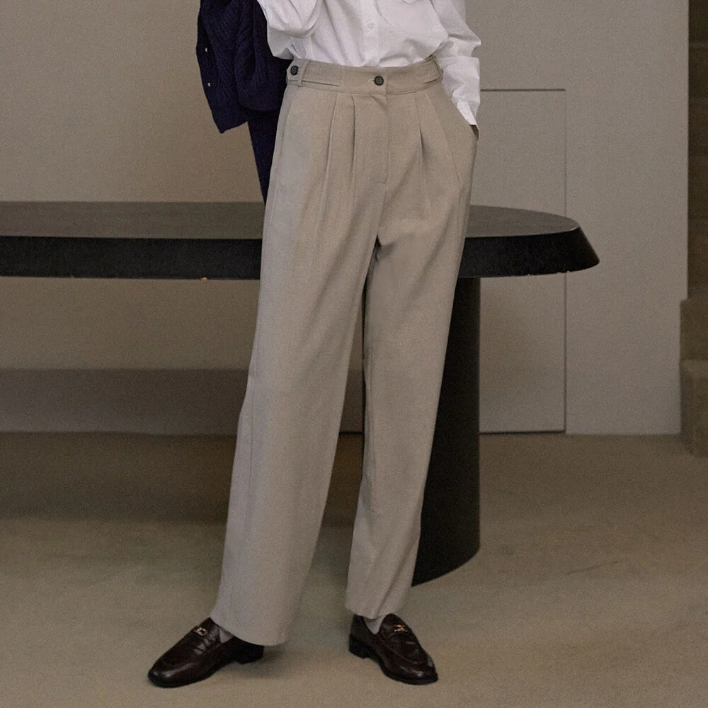 Back button two pintuck wide slacks - beige