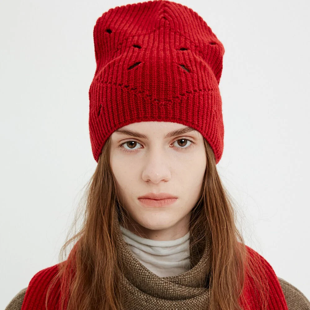 Argyle Hole Knit Beanie / Holiday Red