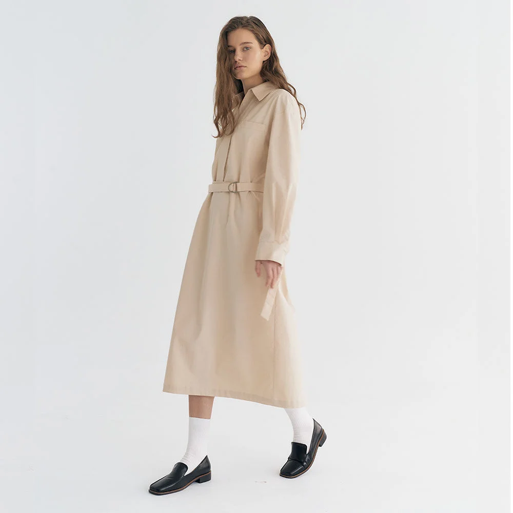 Cotton-blend Belted Shirt long Dress (Light Pink)