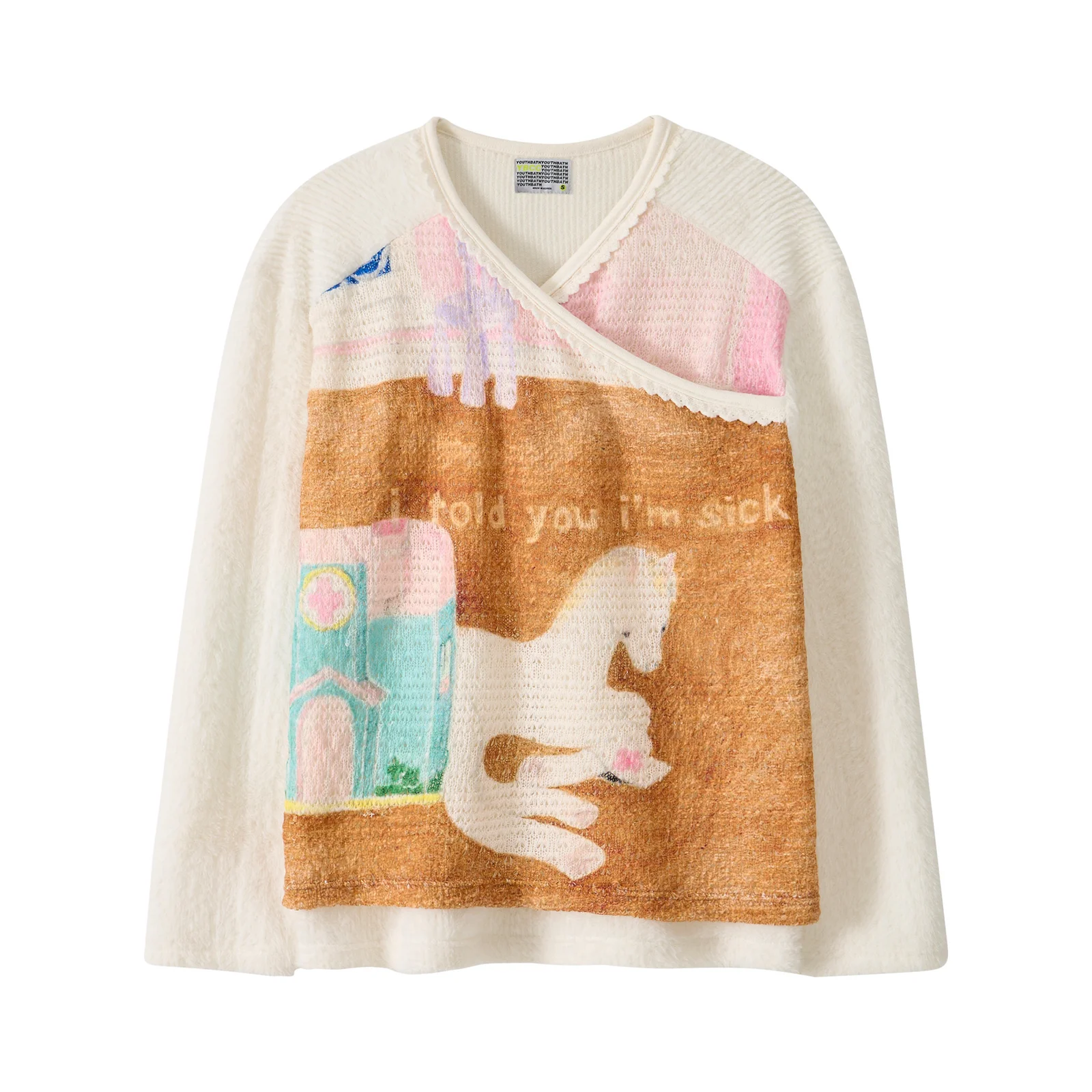 V-Neck Lace Knit Long Sleeve_Cream Horse