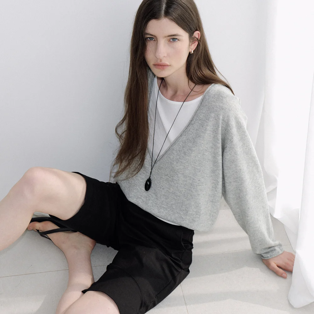 cashmere deep V-neck knit (melange grey) orc 6094