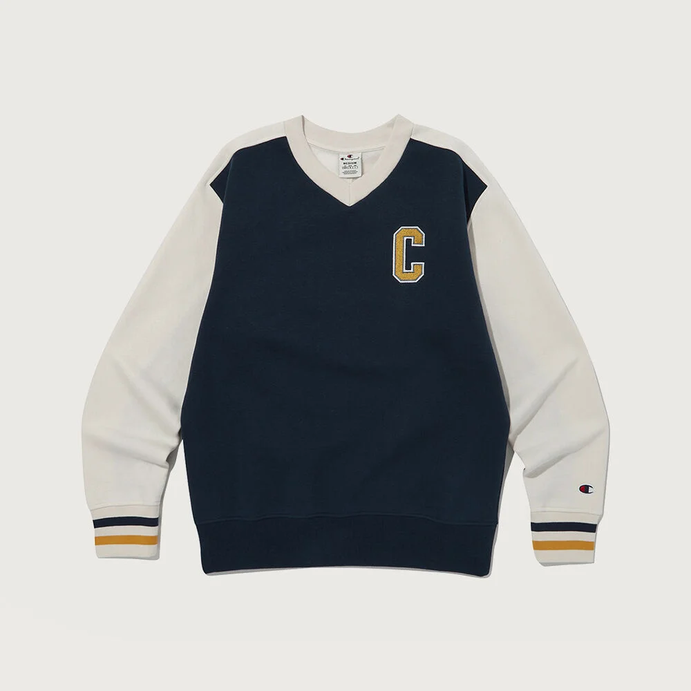 色 色塊 V領 衛衣 Normal Navy
