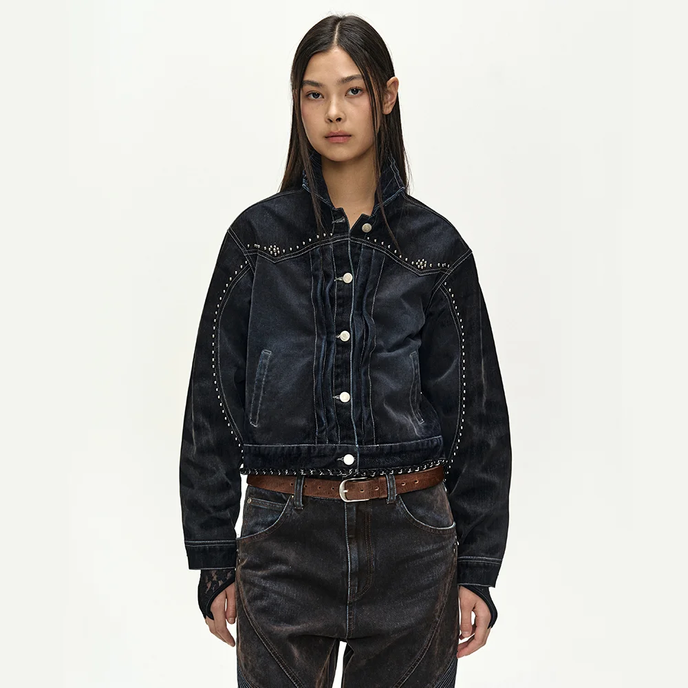 STUDDED VELVET DENIM JACKET (BLACK/NAVY)