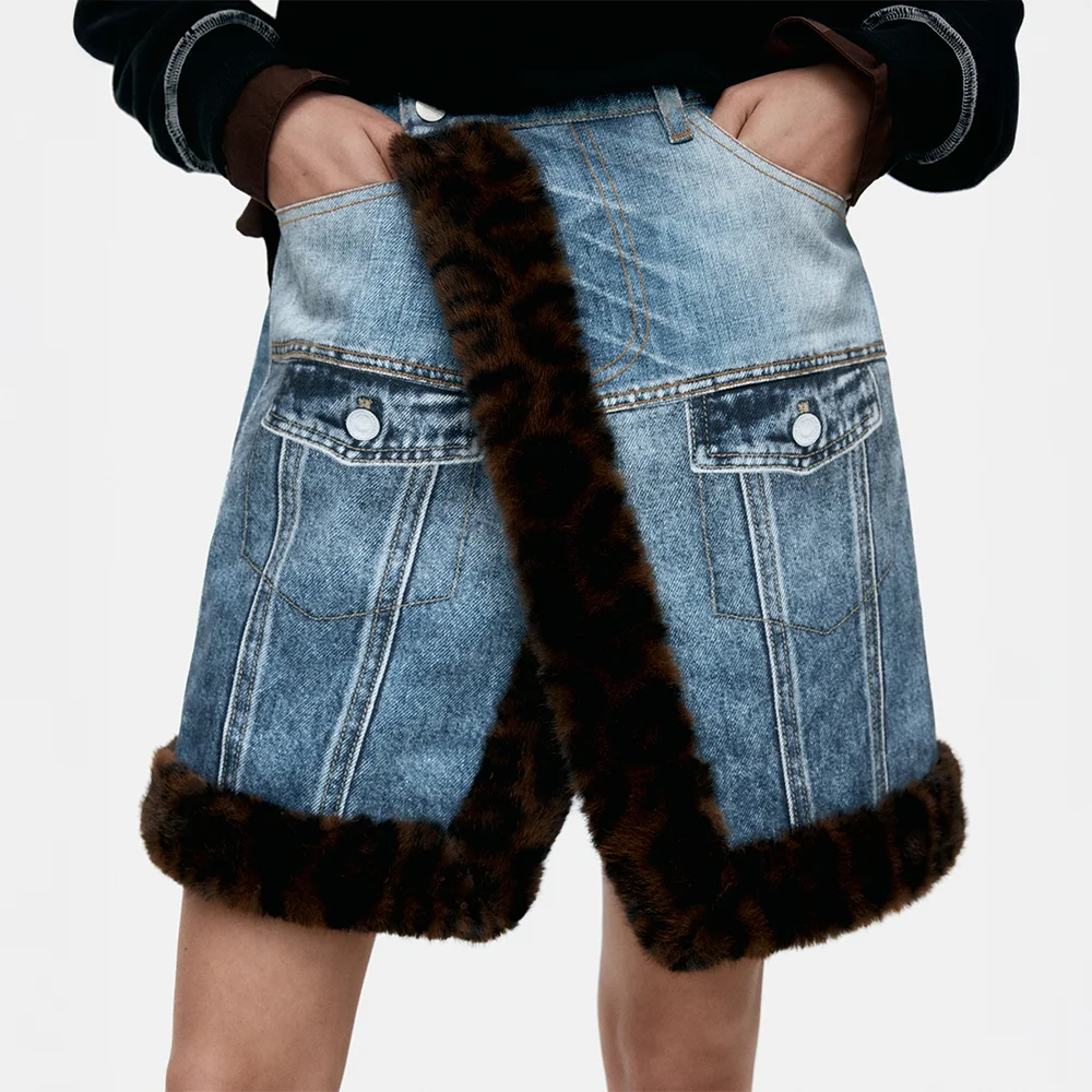 FUR-EDGED DENIM PRINT SKIRT apa863w(BLUE)