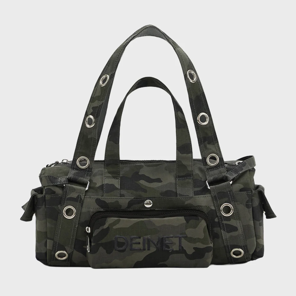 EYELET CAMOUFLAGE MINI DUFFLE BAG IN CHARCOAL
