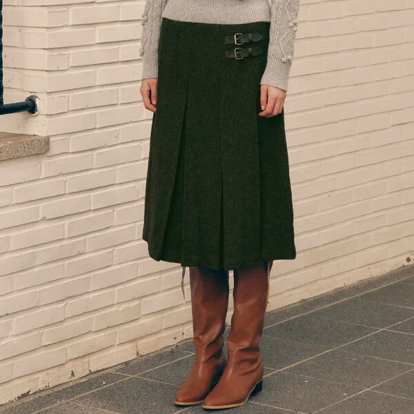 WOOL BLENDED PLEATS SKIRT KHAKI