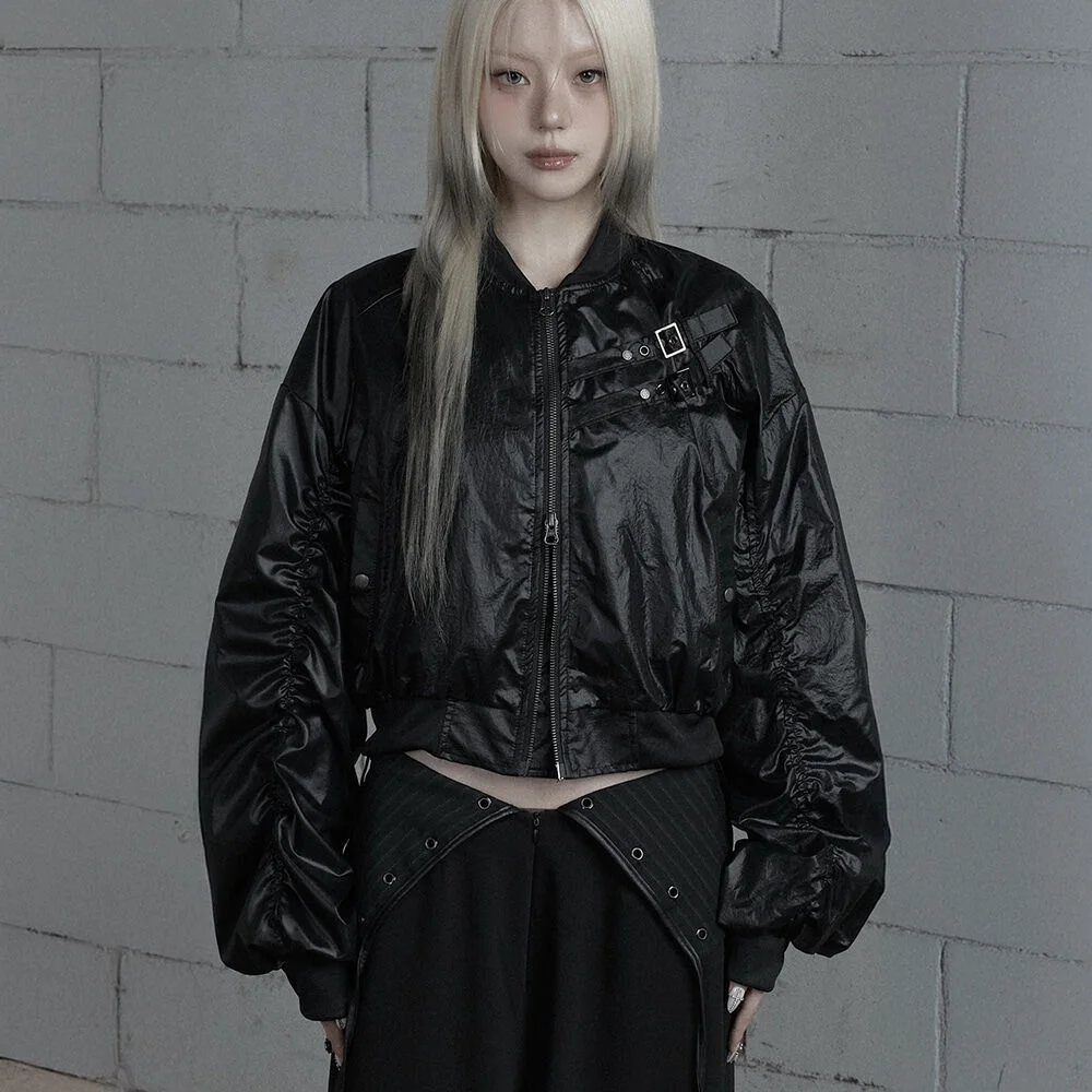 Chest Belt Tipstop Shirring Crop Jacket (Black)