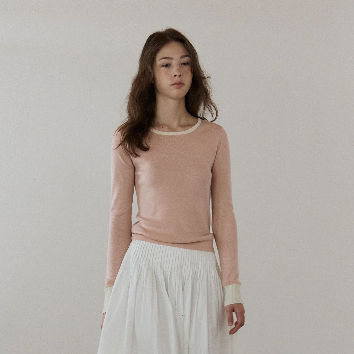 柔和 修身 針織衫 上衣_Pink Latte