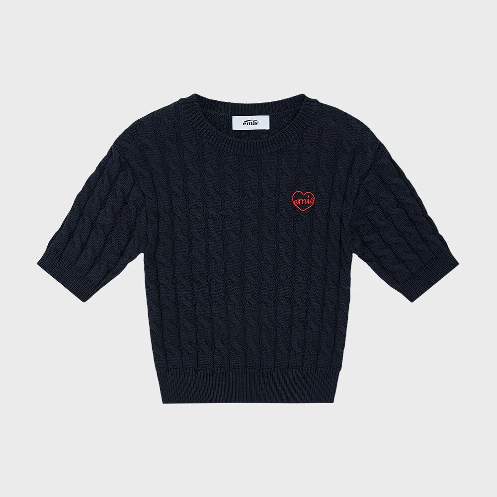 HEART CABLE CROPPED KNIT TOP-NAVY