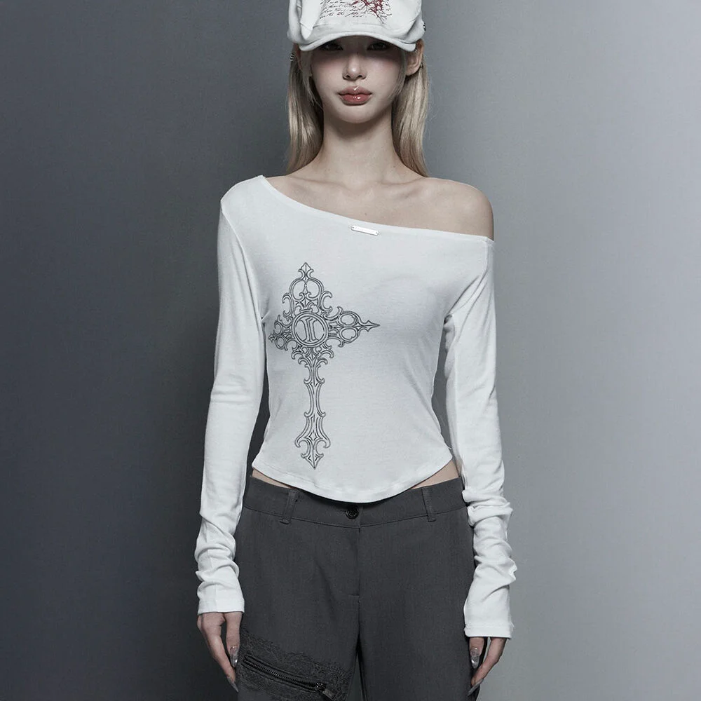 Lettering Printing One-Shoulder Long Sleeve Top (White)