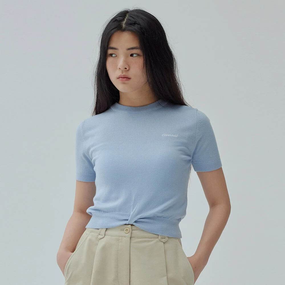女裝 扭結 羊毛 短袖 針織衫 Light Blue