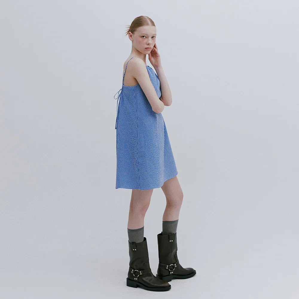 MINI CHECK HALTERNECK DRESS / BLUE