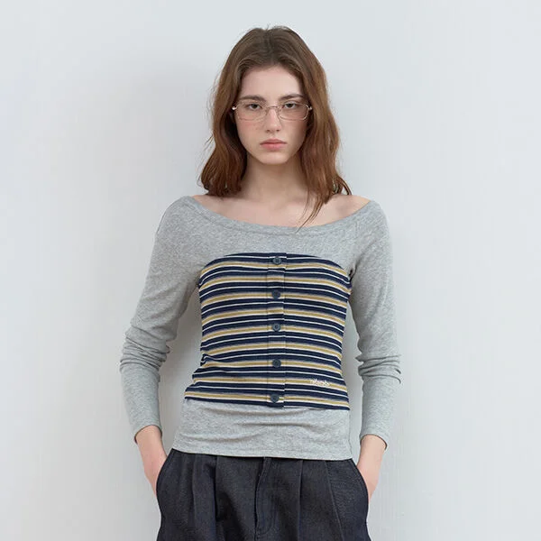 STRIPE BUTTON BUSTIER LAYERED LONG SLEEVE GY+NV
