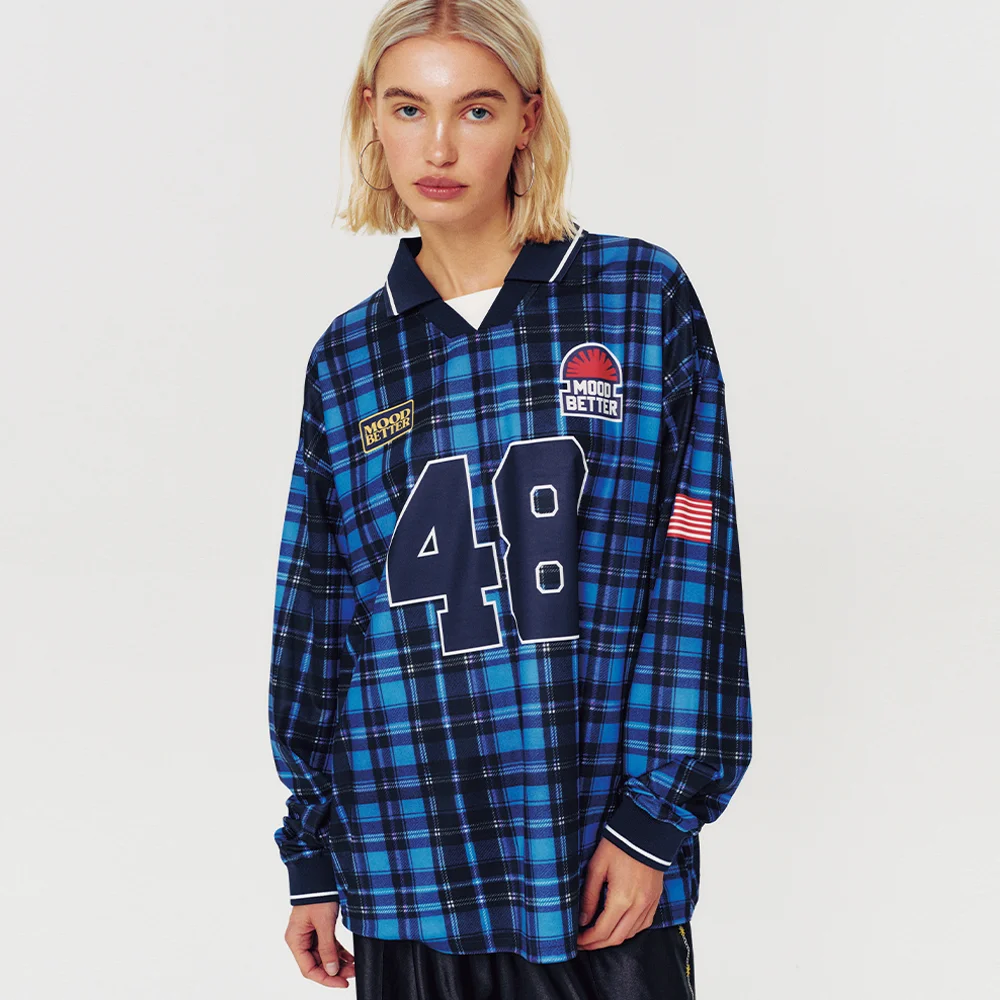 NUMBER CHECK FOOTBALL JERSEY LONG SLEEVE BLUE
