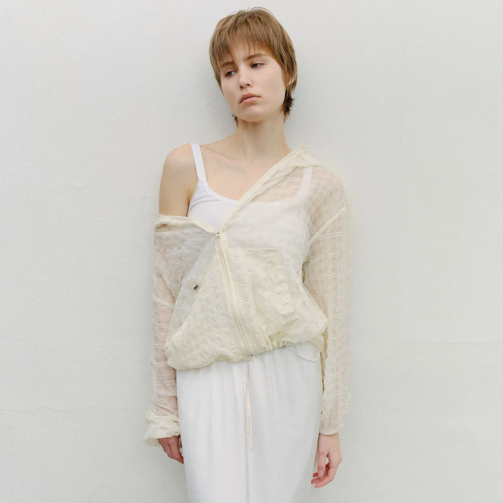 SHEER CHECK HOODED WINDBREAKER - CREAM