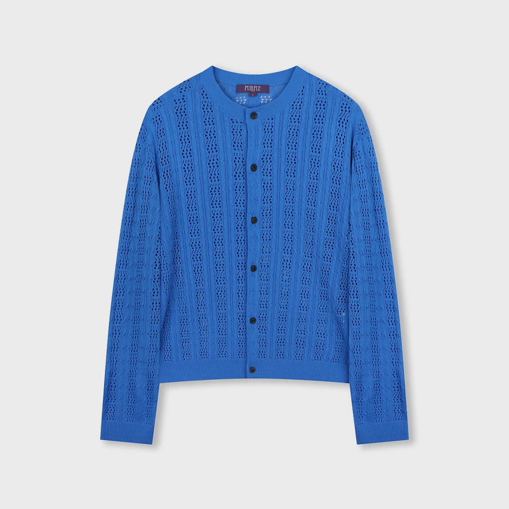 CROCHET CREW NECK SHORT CARDIGAN BLUE