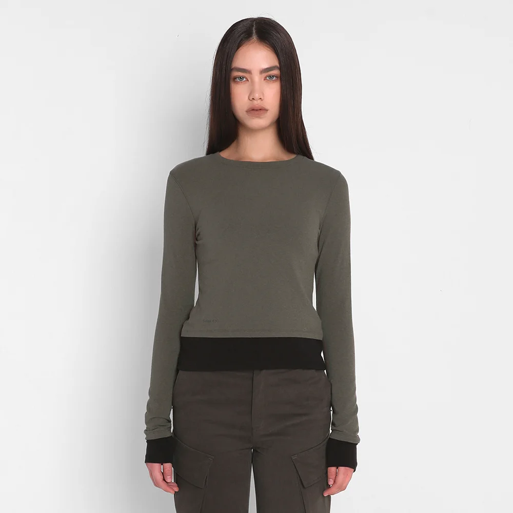 BASIC CONTRAST T-SHIRT_KHAKI / BLACK
