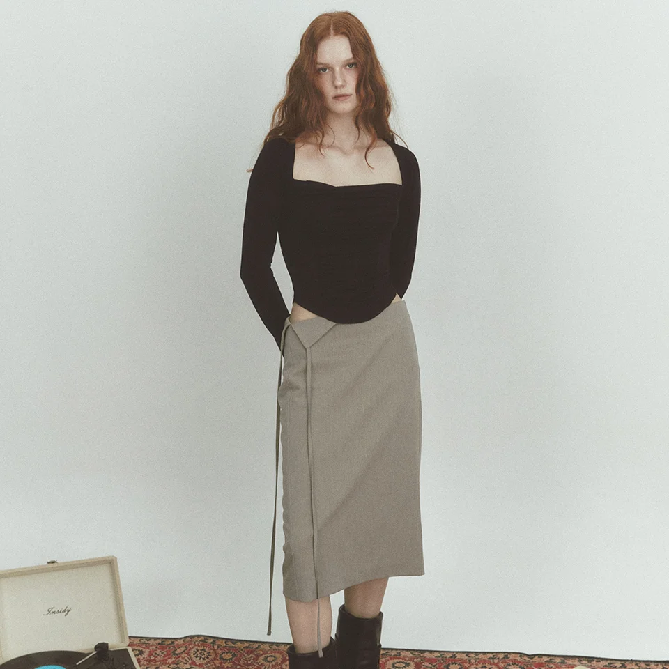 UNBALANCE FLIP SKIRT (KHAKI GREY)