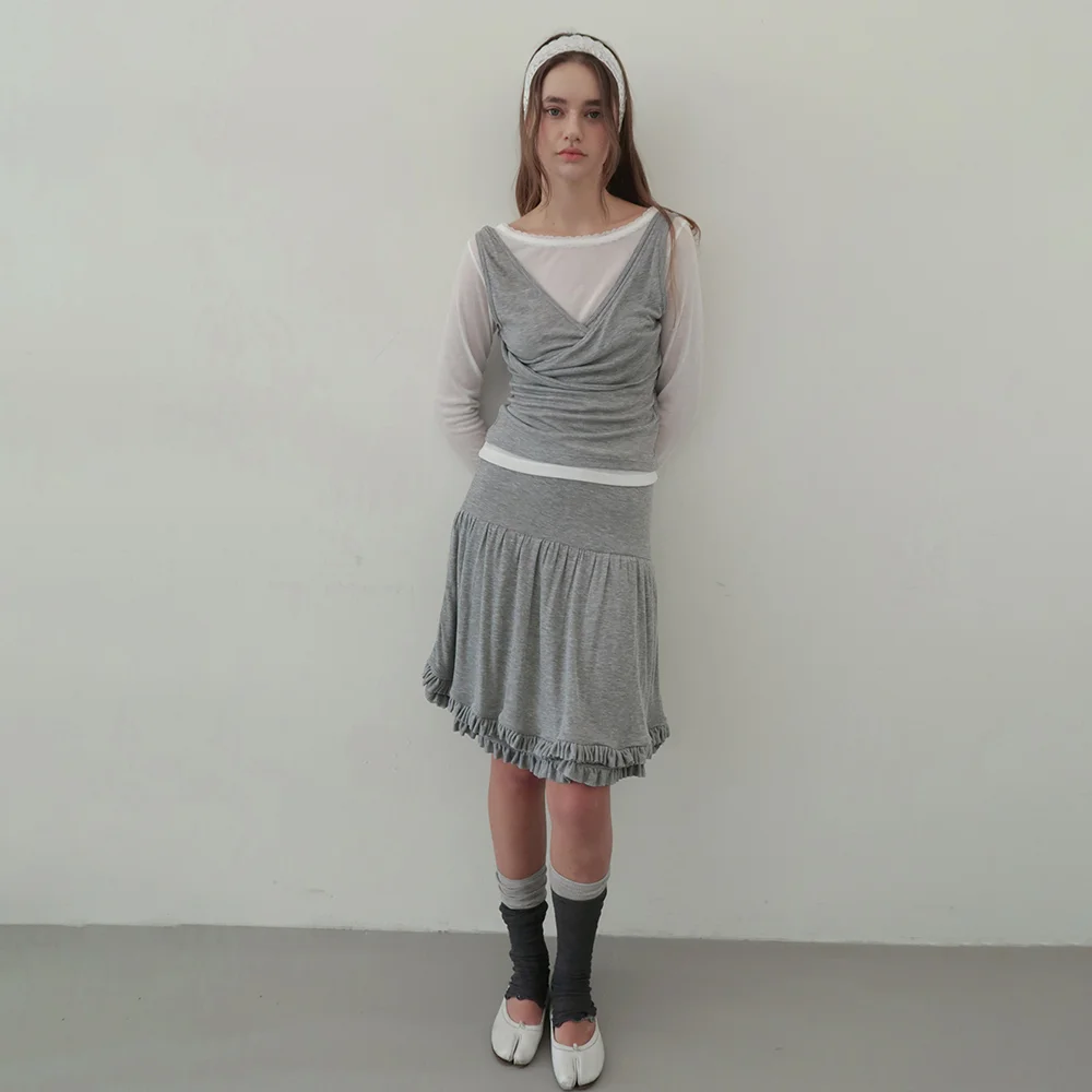 SHEER FRILL TIERED SKIRT (grey)