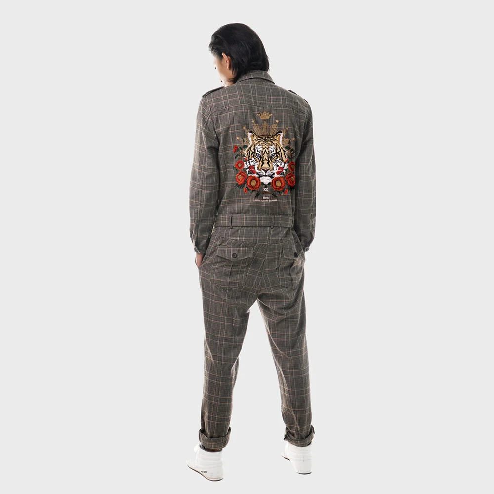 老虎 刺繡 Wales 格紋 連身褲(UNISEX)_UTP-FJ06