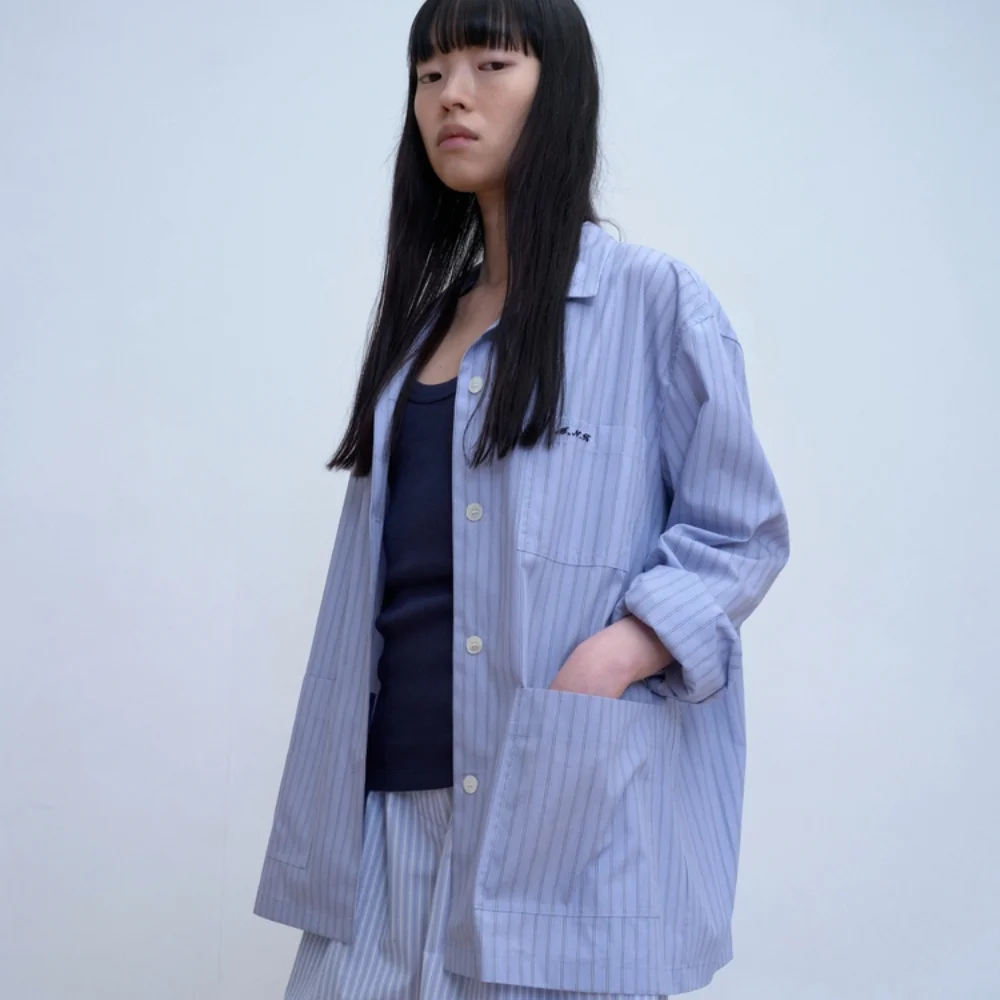 Pin stripe camp collar shirt (blue)